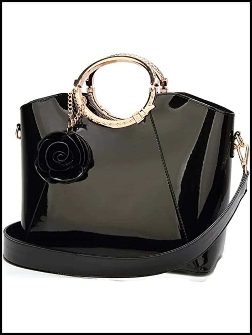Patent Leather Satchel Tote Handbag with Rose Charm Top Handle